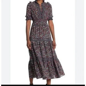 MAX STUDIO Floral Puff Sleeve Dress $148 MEDIUM Midi Flounce Bottom NEW PRAIRIE